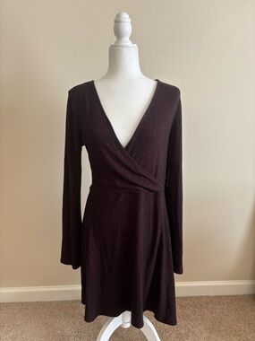 Express Long-Sleeve Wrap Dress in Plum/Burgundy